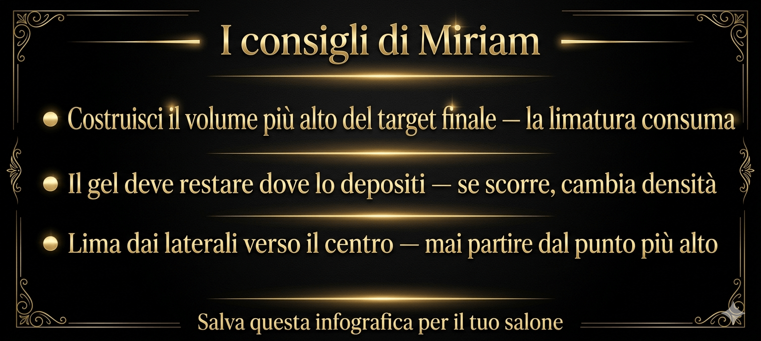 Infografica con i consigli di Miriam Barca per costruire un apex che regge la limatura — densità del gel, altezza del volume e sequenza corretta di rifinitura.